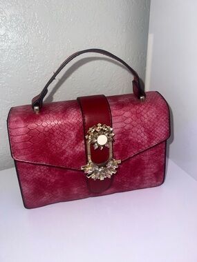 Red Top-Handle Satchel with Crystal Accent